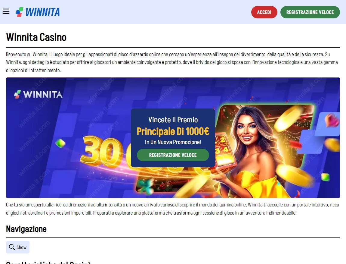 Sito Winnita Casino 525% fino a/$1500 + 300 giri gratuiti bonus invito 2025